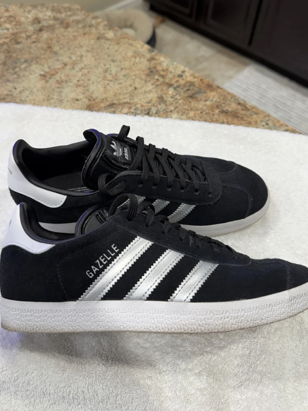 adidas Black, White, & Silver Gazelle Suede Women’s Sneakers